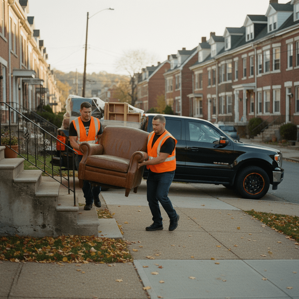 Two Steel City Cleanouts crew members in orange safety vests carrying a leather armchair down the front steps of a Pittsburgh red-brick row house