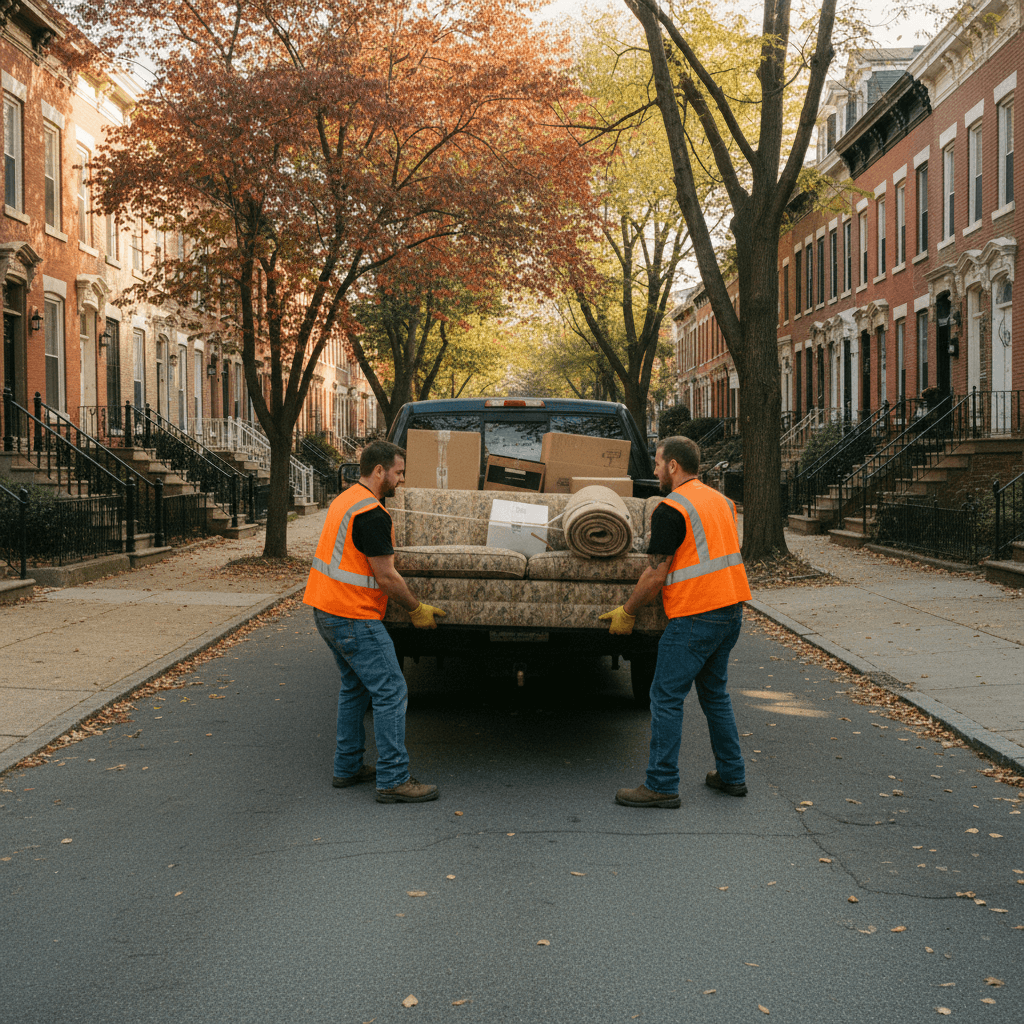 Two Steel City Cleanouts crew members in orange safety vests loading an old sofa into the bed of their black pickup truck on a Pittsburgh residential street